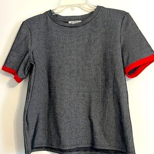 Zara Women's Micro Ribbed Crew Neck Athletic Short Sleeve Shirt Red Trim